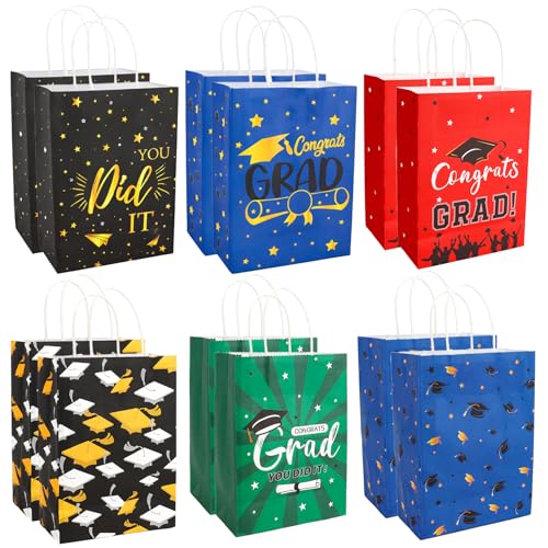 12 PCS Graduation Gift Bags with Handle Paper Grad Goodie Bags for Treat Snack Goody Candy Small Gifts Wrap Graduation Party Favors Supplies Decorations Pouches Baggies Bulk Photo Props Table Decor