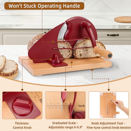 Image of CAWIU Upgraded Manual Bread Slicer for Homemade Sourdough Round with Cover | Adjustable Thickness Sourdough Bread Slicer, Bread Cutter with Hand Crank, Slicing Guide, Scale Line for Even Slices, Red