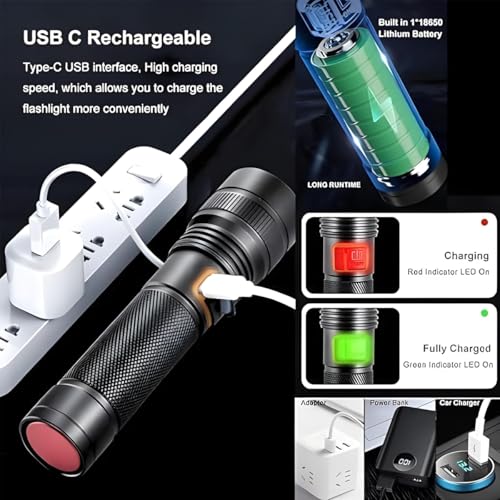 Image of Rechargeable Flashlight - 10000 Lumen High Power LED Torch, 1200M Long Beam, USB-C Charging, 10+ Hours Runtime, Adjustable Zoom Light for Camping, Hiking, Emergency, Outdoor Use (M035 Black)