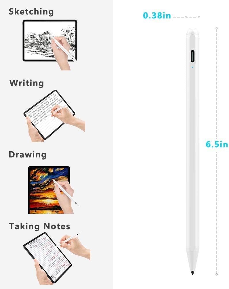 Four panels showing the stylus being used for sketching, writing, drawing, and taking notes. To the right, a diagram shows the stylus dimensions: 0.38 inches diameter and 6.5 inches length.