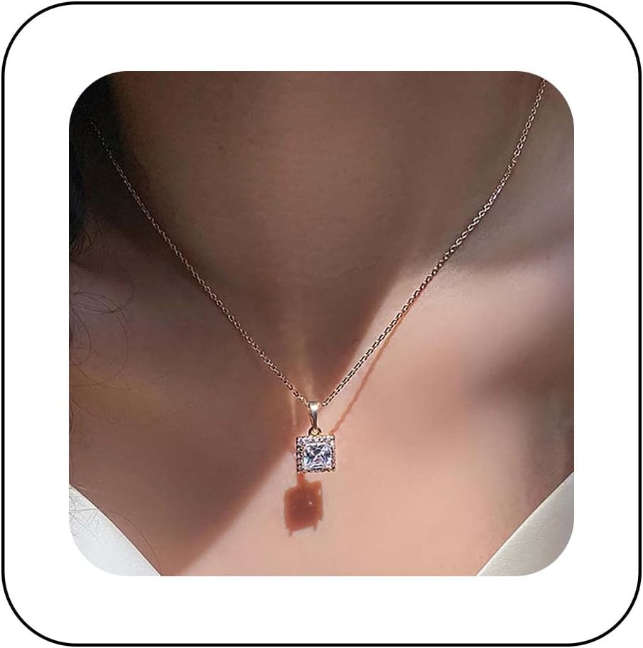 Andelaisi Boho Crystal Square Pendant Necklace Vintage Geometric Square Necklace Gold Cuba Choker Necklace Adjustable Paved CZ Square Chain Necklace Jewelry for Women