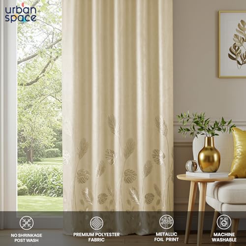 Image of Urban Space 100% True Blackout Curtains for Window, Gold Foil Printed Blackout Curtains, Blackout Decorative Window Curtain Eyelet with Tieback, 1 Piece Curtain for Living Room(Aurika Beige, 5 Feet)
