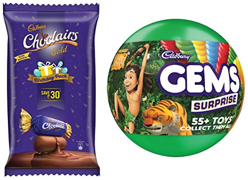 Image of Cadbury Choclairs Gold Candies Birthday Pack, 632.5 g + Cadbury Gems Surprise Chocolate Pack, 17.8 gm (Pack of 6)
