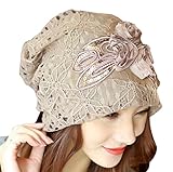 Kafeimali Womens Lace Flower Beanie Hat Slouchy Hip-hop Skull Cap Warm Turban (Khaki)