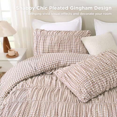 Image of Andency Ruched Gingham Tan King Comforter Set, Boho Ruffle Bedding 3 Pieces | Shabby Chic Bed Set for Girls, Kids, Women, Lightweight Soft Pleatd Comforter, All Season