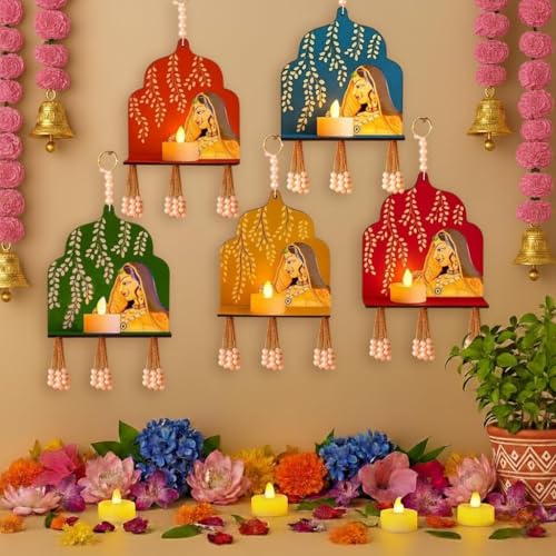 Image of Ascension Pack of 5 Handcrafted Rajasthani Wall & Door Hangings Multicolor Wooden Candle Stand Decorative Items for Puja Gifting Hall Living Room Indoor Outdoor Diwali Decoration Home Office Decor