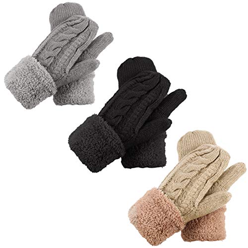 Heyu-Lotus Lot de 3 paires de gants d'hiver en laine pour femme, Beige, gris clair, noir, taille unique Cover