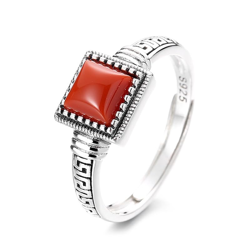 Anelli Donna,Anelli Aperti Regolabili In Argento Sterling 925, Anelli Vintage Quadrati In Agata Rossa, Anelli In Argento con Pietra Naturale, Anelli con Motivo Intagliato A Mano, Gioielli, Regali Pe