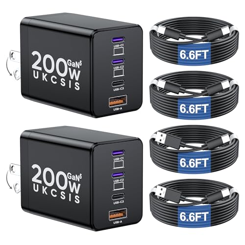 2 Pack 200W USB C Charger Block, Foldable 4-Port GaN5 Super Fast Charger USB C, Dual 65W Type C Charging Block, Laptop Fast Charging Adapter for MacBook Pro/Air, iPad, iPhone, Samsung Galaxy Black