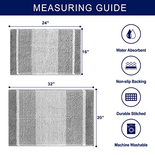 Subrtex Bathroom Rugs Chenille Bath Mat Gradient Stripe Pattern Soft Plush Bath Rug Shower Mat Water Absorbent Shower Mat Quick Dry Machine Washable(Light Gray,16" X 24") #TOP2