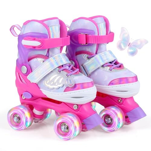 COSTWAY Patines en Línea para Niños Niñas, Patines en Paralelo Ajustables en 4 Tallas con 4 Ruedas Luminosas, Triple Protección para Principiantes y Temática de Mariposas Interior Exterior (Rosa,S)