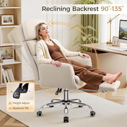 Image of Big and Tall Office Chair 500LBS, Ergonomic High Back Leather Executive Chair, Reclining Swivel with Adjustable Armrests Lumbar Support Footrest, Cross Legged, Beige