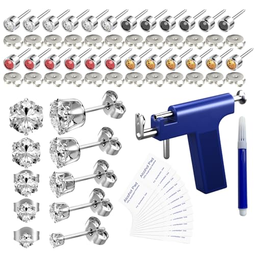 YINPAD Ear Piercing Gun Reusable Ear Piercing Kit Package Includes 24 Pcs Hypoallergenic Stud Earrings 10 Pcs Cubic Zirconia Fashion Earrings 24 Pcs Hygiene Cleaning Pads (silver)