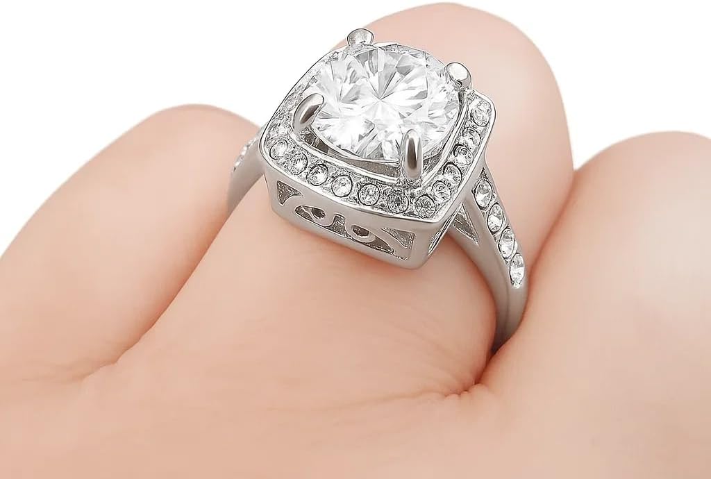 FAIRY COUPLE 3ct Simulated Diamond Engagement Ring,9mm Halo Ring, 18K White Gold Plated with 18KGP Stamp, Travel Replacement for Women, Size 4–9 R330 - Image 4
