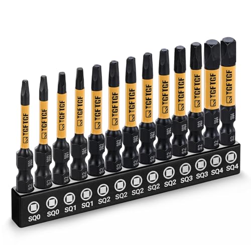 TGFTGF 13-Piece Square Drive Bit Set SQ0-SQ4 2 inch CNC Machined Robertson Driver Bits SQ0 SQ1 SQ2 SQ3 SQ4 S2 Alloy Steel Magnetic Impact Driver Bits 1/4 Hex Shank with Storage Box