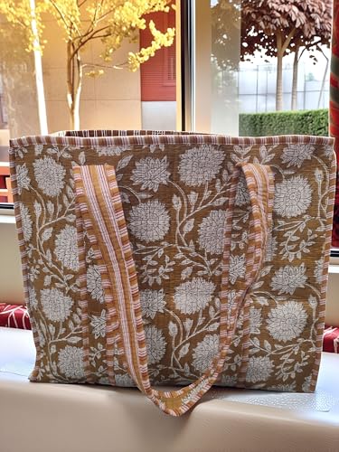 Image of Cotton Tiger Block Print Tote Bag, Indian Handmade Shopping Shoulder Bag, Unisex Market Daily Use