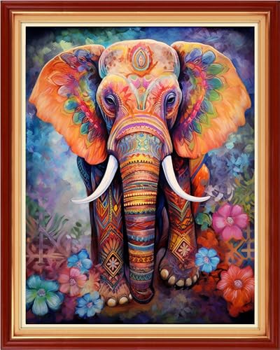 Image of Foxhool Stamped Cross Stitch Kits,11CT Printed Cross Stitch Pattern Full Embroidery Kits for Beginner Needlepoint Kits-Colorful Elephant 16x20 inch