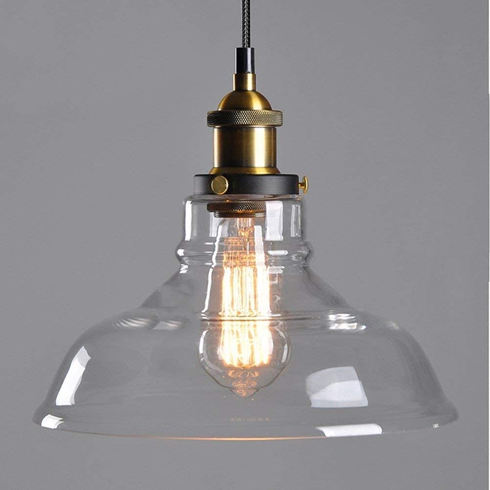 BLOOHK Vintage Industrial Glass Pendant Light, Clear Bell Shade Hanging Lamp With Brass Socket, Retro Edison Ceiling Fixture For Kitchen Island, Bar, Dining Room & Loft