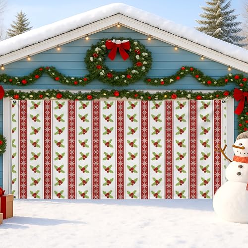 Copertura per porta del garage con agrifoglio, decorazioni natalizie a righe rosse e bianche, decorazione invernale per interni ed esterni, 390 x 180 cm