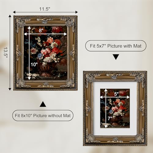 Image of 8x10 Gold Vintage Picture Frame Ornate Baroque Gothic Victorian Frames with Mat for 5x7 or 8 x 10 Photos, Tabletop or Wall Display, Antique Home Decor Accent