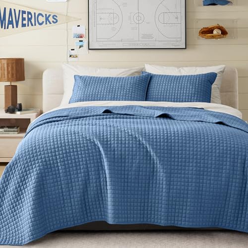 Image of Wonderful 3 Piece Waffle Weave Quilt Set Full Size, Blue Lightweight Bedspread Coverlet for All Season, Ultra Soft Microfiber Bedding Set with 2 Pillow Shams, Waffle Pattern Quilted Design 90 inchx90 inch | Breathable & Cozy