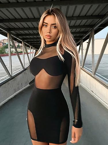 Image of GORGLITTER Women's Sheer Mesh Cut Out Bodycon Dress Long Sleeve Mock Neck Mini Pencil Dresses