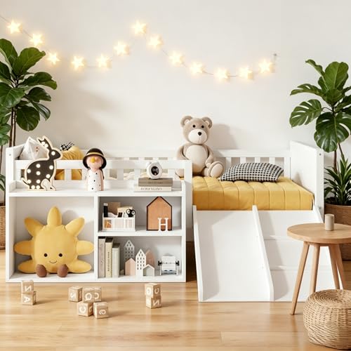 Wood Loft Bed with Slide Climbing Wall and Storage
