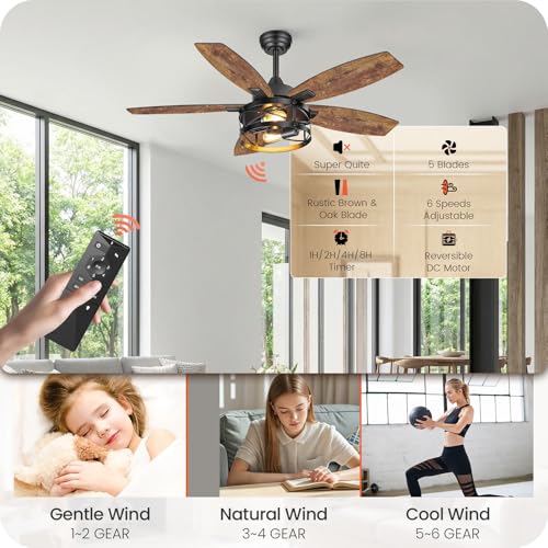 Image of 42 Inch Farmhouse Ceiling Fan with Lights and Remote, Timer, Dual Finish 5 Blades (Rustic Brown and Oak), 6 Speeds, Reversible DC Motor, Rustic Brown Caged Ceiling Fan for Bedroom FB04CF4205