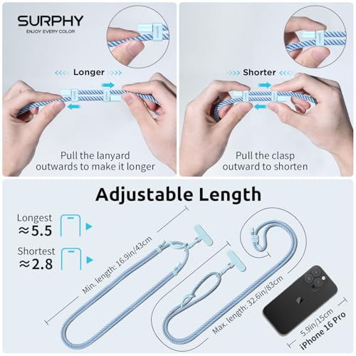 Image of SURPHY Phone Lanyard, Adjustable Phone Strap Crossbody with 2 Pack Phone Tether Tab, Premium Metal Buckles and Two-Color Braided Cell Phone Lanyard Crossbody for Women and Men, Deep & Light Blue