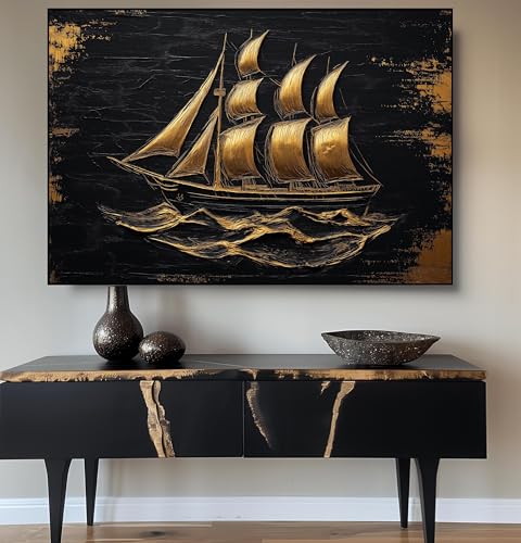 Tableau abstrait sur toile voilier décoration murale salon affiche vintage noir or