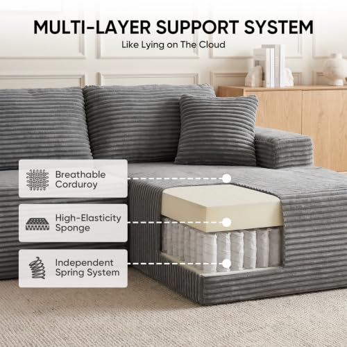 Image of Boneless Couch, 102.4 inch Sectional Couches for Living Room with L Shape Sofa | Cloud Couch Sectional with Chaise, Modular Cloud Sofa with Deep Seat, No Assembly, Beige, Corduroy, Right Chaise