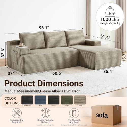 Image of Boneless Couch, Modular Sectional Couches for Living Room, U-Shaped Cloud Couch Sofa with Deep Seat, Fluffy Corduroy Upholstered Corner Sofa