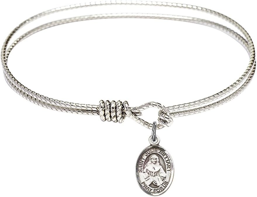 Rhodium Plate Oval Eye Hook Textured Bangle Bracelet with Saint Julie Billiart Petite Charm, 7 1/4 Inch