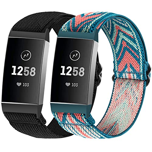 SITAFU 2 Stück Armband Kompatibel mit Fitbit Charge 3/Fitbit Charge 4 Armband Damen Herren Elastisches Nylon Verstellbar Dehnbar Ersatzband für Fitbit Charge 4/Fitbit Charge 3