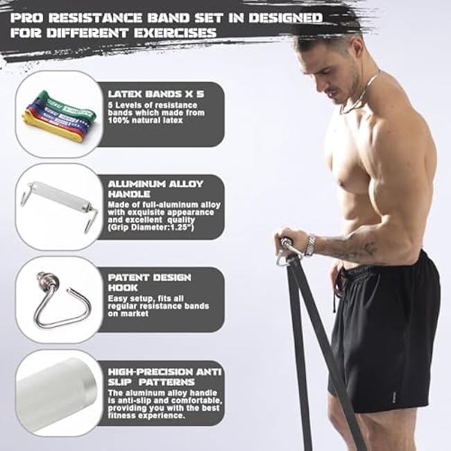 Resistance Bands with Aluminium Alloy Handle, Set of 5 Natural Latex Exercise Bands for Heavy Duty Workout Stretching Power Lifting with Carrying Bag