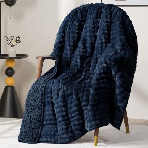 Image of Cottonblue Bubble Weighted Blanket 15lbs Faux Fur Sherpa Heavy Weighted Blankets for Adults, Fits Queen Size Bed, Cute Fuzzy Warm Heavy Blanket for Calm and Better Sleep, 60 inchx80 inch, Navy Blue