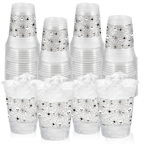 50 Pcs 12OZ Halloween Party Cups,Halloween Plastic Cups Party Decorations Clear Spider Web Skull Spider Printing Cups Juice Soda Beverage Birthdays Favors Supplies For Themed Birthdays Supplies