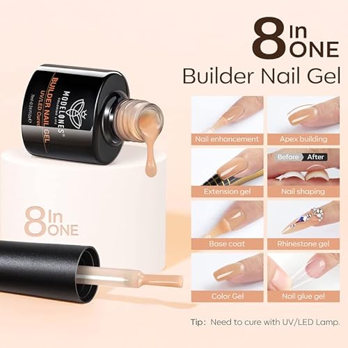 Modelones Builder Nail Gel 8-In-1, 6 Colors Gel Builder Set For Nails, Nude Brown Hard Gel Builder Extension Color Gel Nail Strengthener Base Gel Rhinestone False Nail Tips Glue Gel In A Bottle #TOP2