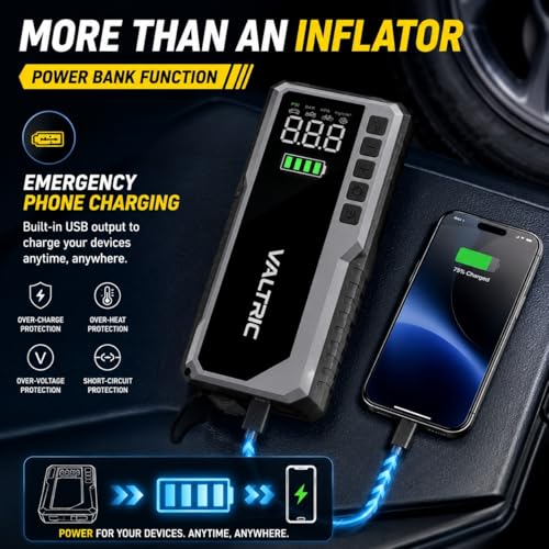 Image of Cordless Tyre Inflator Air for Car and Bike 5200mAh with Digital Display, Auto Cut-Off, LED Flashlight, Emergency SOS Light & Power Bank Support for Car, Bike, Bicycle & Ball