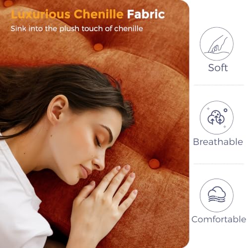 Image of MAXYOYO 6 inch Folding Sofa Bed for Floor, Tufted Tri-Fold Floor Mattress | Queen Size Portable Sofa Couch Guest Mat with Chenille Fabric for Adults, Foldable Topper for Camping, Orange, Queen