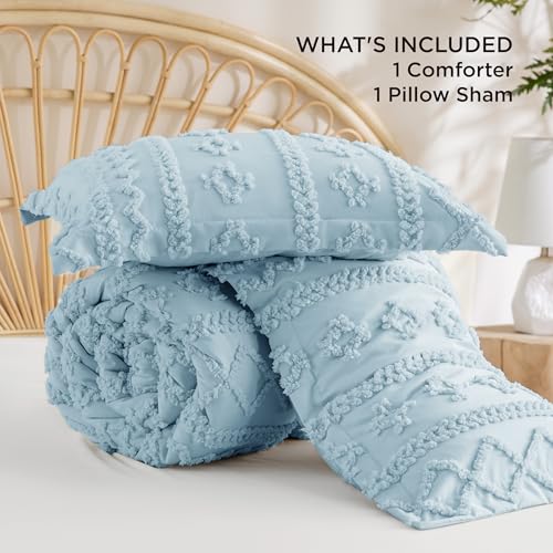Image of Bedsure Tufted Boho Comforter Set Twin Size - Sky Blue Boho Bed Set, GentleSoft 2 Pieces Farmhouse-Style Embroidery Bedding, Gifts for Woman, Soft Jacquard Kids' Twin Comforter for All Seasons