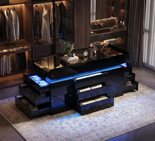 Oakvera Luxury Glossy Closet Island with 16 Drawers Modern Glass Top Wardrobe Armoire Island LED Walk-in Closet Island for for Dressing Room Cloakroom (Black)