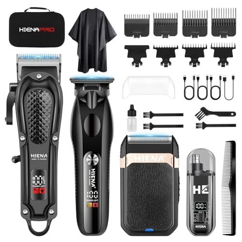 HIENA PRO Profi Haarschneidemaschine Set für Männer, Schnurloses Haarschneider, Folienrasierer, Barttrimmer, Nasentrimmer Komplettes Set, Elektrischer Haarschneide-Kit mit 7 Führungskamm (212 Set)