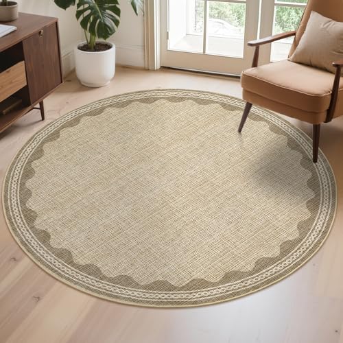 CAREMEE 4ft Scalloped Round Rug Jute Washable Living Room Bedroom Area Rugs