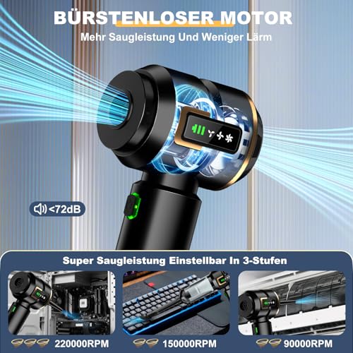 Micisty Handstaubsauger Akku 4-in-1 mit LCD Display, Auto Staubsauger Stark 25000PA Kabellos, 3-Stufen 220000 U/min Mini Staubsauger mit Bildschirm für Auto, Küche, PC, Sofa, Büro, Haus & Tierhaare