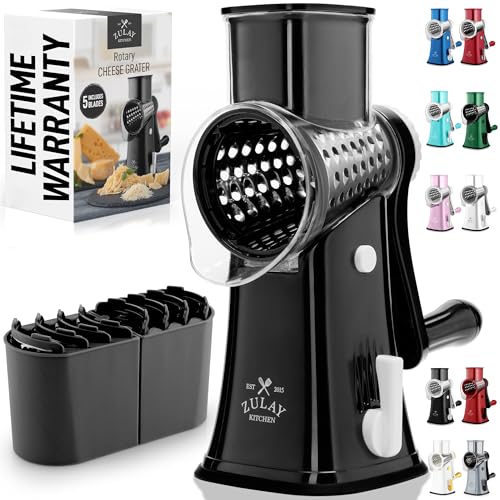 Zulay Kitchen Rotary Cheese Grater 5 Blade Cheese Shredder - Manual Hand Crank Cheese Grater With Reinforced Suction & 5 Interchangeable Drums - Easy to Use, Vegetable Chopper Round Mandoline Slicer