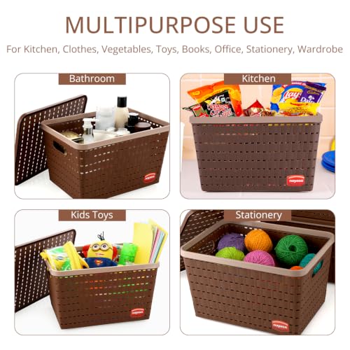 Image of Nayasa Gloria Basket for Storage | Vegetable & Fruit Basket | Storage Box and Organiser Plastic Basket With Lid | Multipurpose Kitchen Organizer Rack | Medium - Set of 3 | DarkBrown