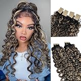 Highlights Tape in Hair Extensions Human Hair for Women Water Wave Tape in Extensions Human Hair Ombre Black Fading to Caramel Blonde Highlight Black Tape in Full Head Hair Extensions Real Human Hair