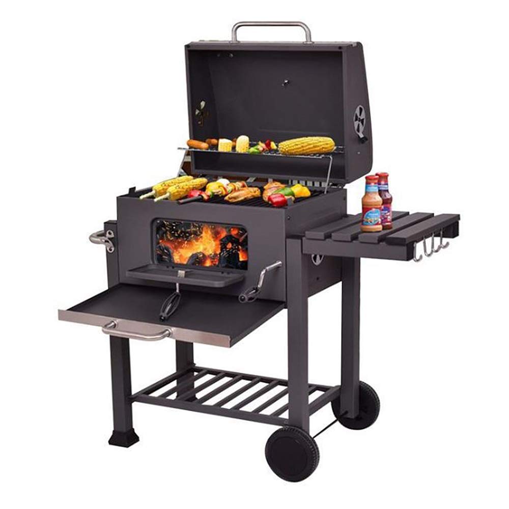 Grill na węgiel drzewny, wózek do grillowania | Grill XL na węgiel drzewny z pokrywką, koła, uchwyt ze stali nierdzewnej, regulowany otwór wentylacyjny, grill XXL na węgiel, 107 x 115 x 68 cm