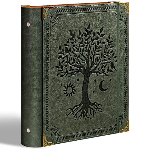 Ovesmusl PU Leather 3 Ring Binder Fits 8.5x11 Letter Size Paper 2 Inch Round Ring Binder Holds 500 Sheets Notepad Paper Cover Loose Leaf Organizer Green Tree